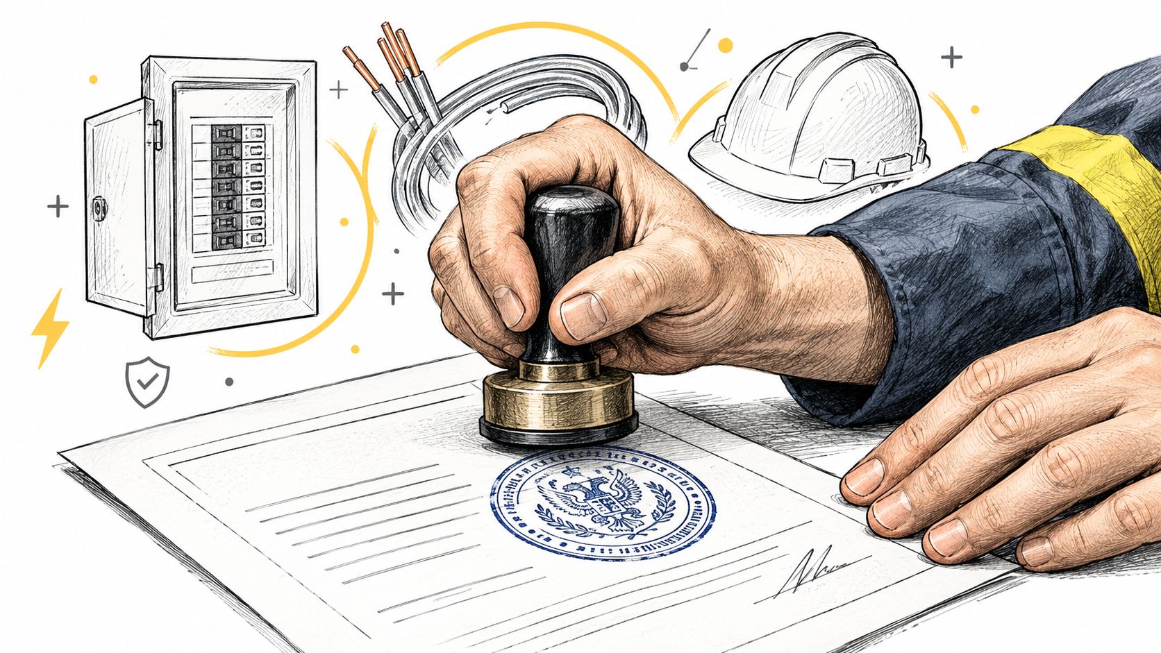 En hånd bruger et stempel på officielle dokumenter ved siden af el-tavle, ledninger og en sikkerhedshjelm.