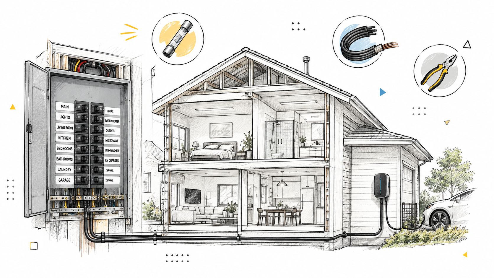Illustration af et elektrisk huspanel forbundet til en ladestander til elbiler i et moderne hjem.