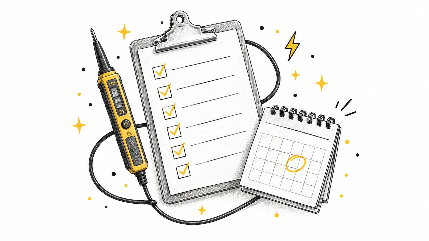 En illustration af en elektrisk tester, en tjekliste med flueben og en kalender til elbilopladning.