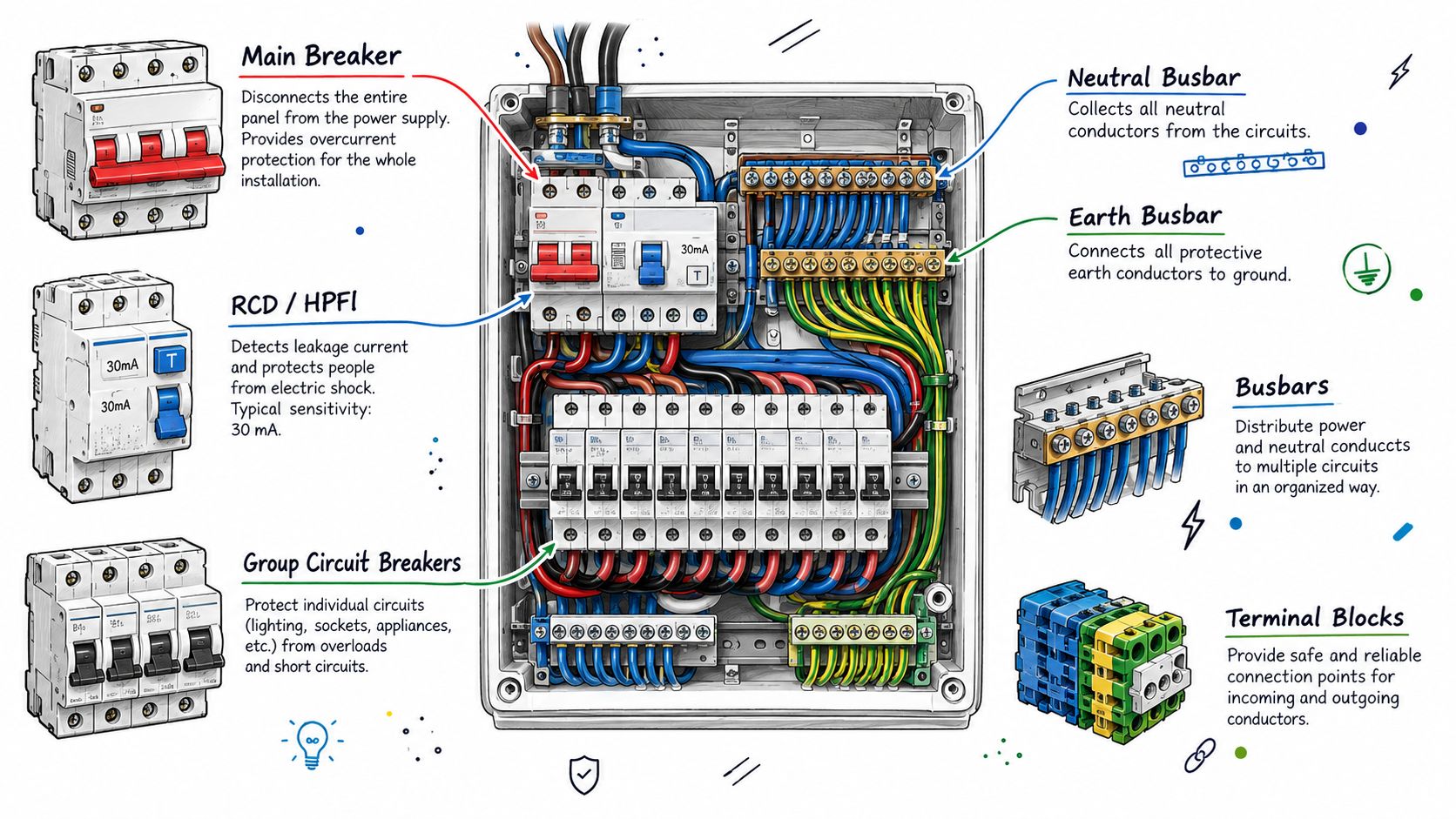 Illustration af en moderne elektrisk eltavle med hovedafbryder, fejlstrømsafbryder, gruppeafbrydere, samleskinner og terminalblokke til elektriske installationer.