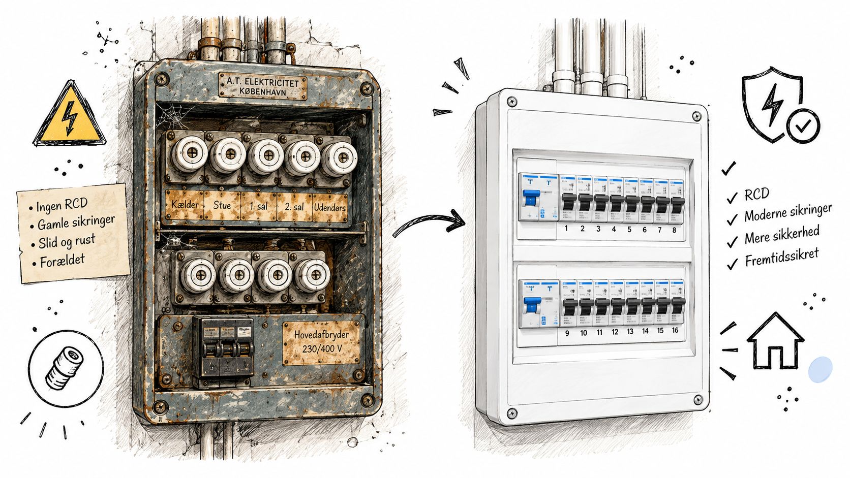 Illustration der sammenligner en gammel, rusten eltavle med en moderne, sikker elektrisk tavle til boliginstallationer.