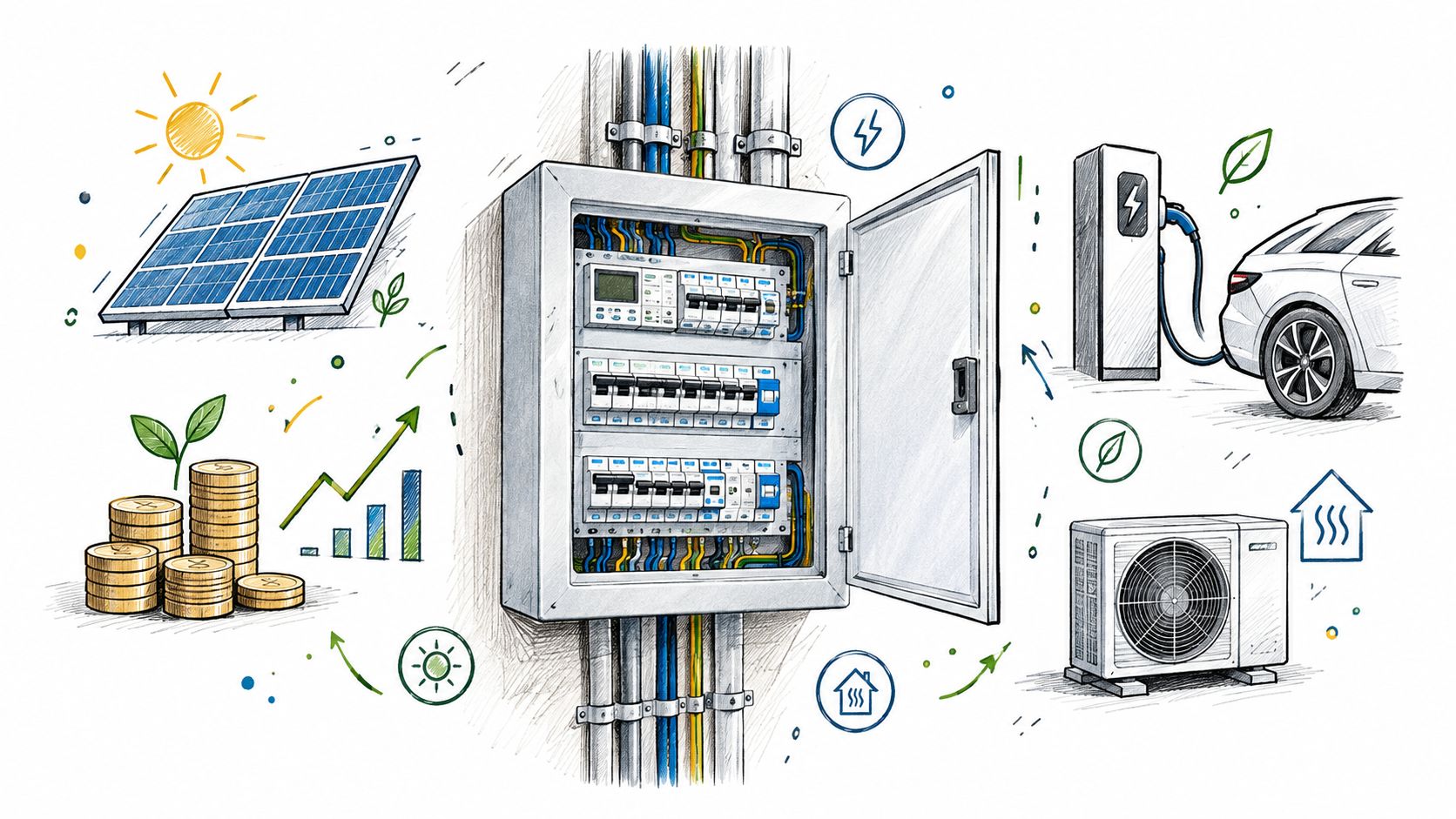 Illustration af en el-tavle forbundet til solceller, elbil-oplader og varmepumpe for effektiv energistyring i hjemmet.