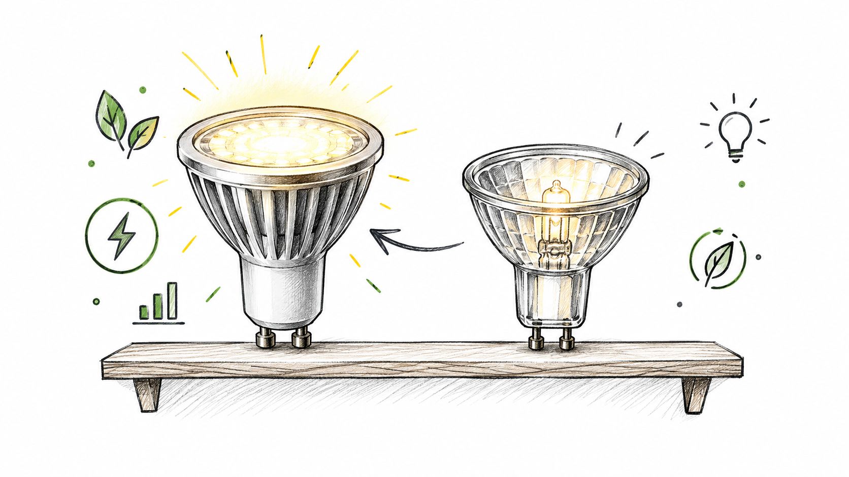 En illustration der sammenligner en energieffektiv LED-pære med en traditionel halogenpære for bedre belysning i butikken.
