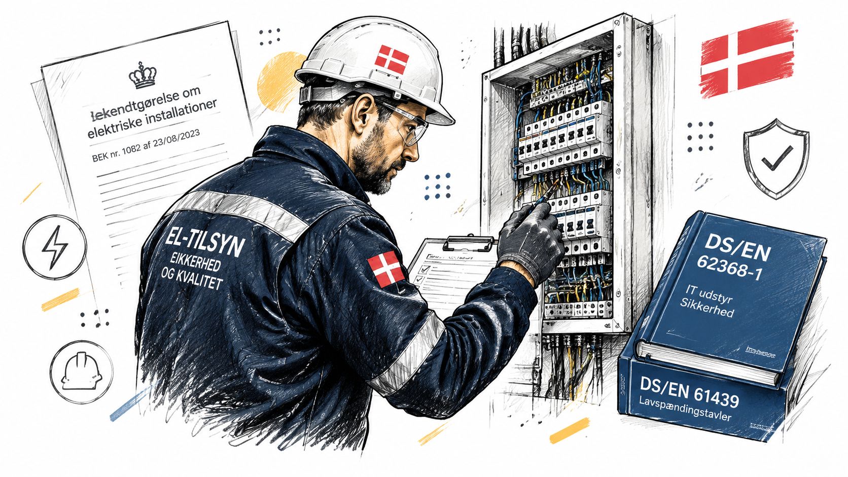 En elektriker foretager el-eftersyn af en eltavle i overensstemmelse med gældende danske standarder og lovgivning.