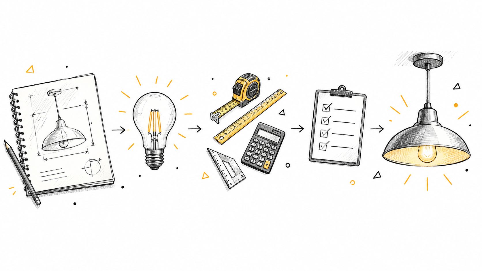 En illustration der viser processen for design og planlægning af en lampe, fra skitse til færdigt belysningsprodukt.