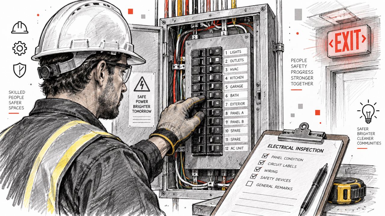En elektriker i beskyttelsesudstyr udfører en sikkerhedsinspektion af et el-tavleanlæg med en tjekliste i hånden.