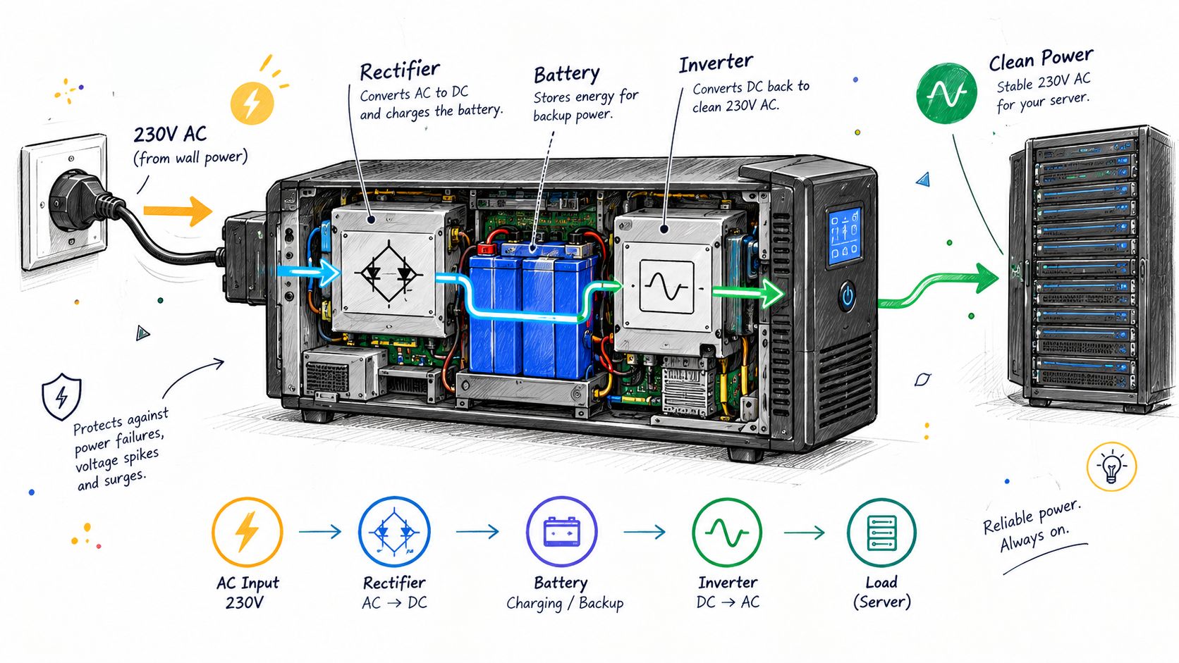Illustration af et UPS-anlæg, der viser komponenter som ensretter, batteri og inverter, som leverer stabil strøm til servere.