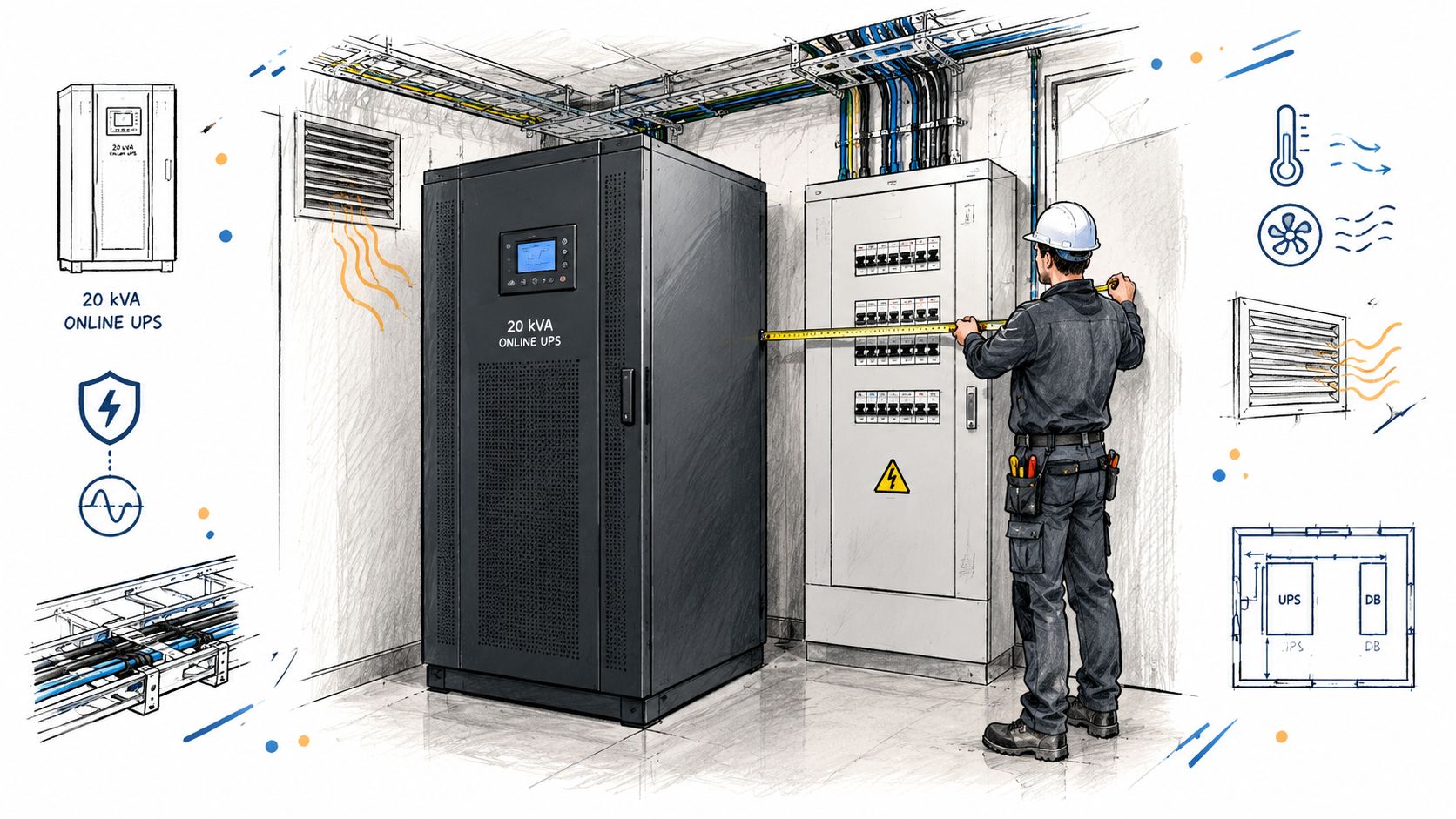 En tekniker foretager målinger af et 20 kVA online UPS-anlæg i et teknisk rum med el-tavler.