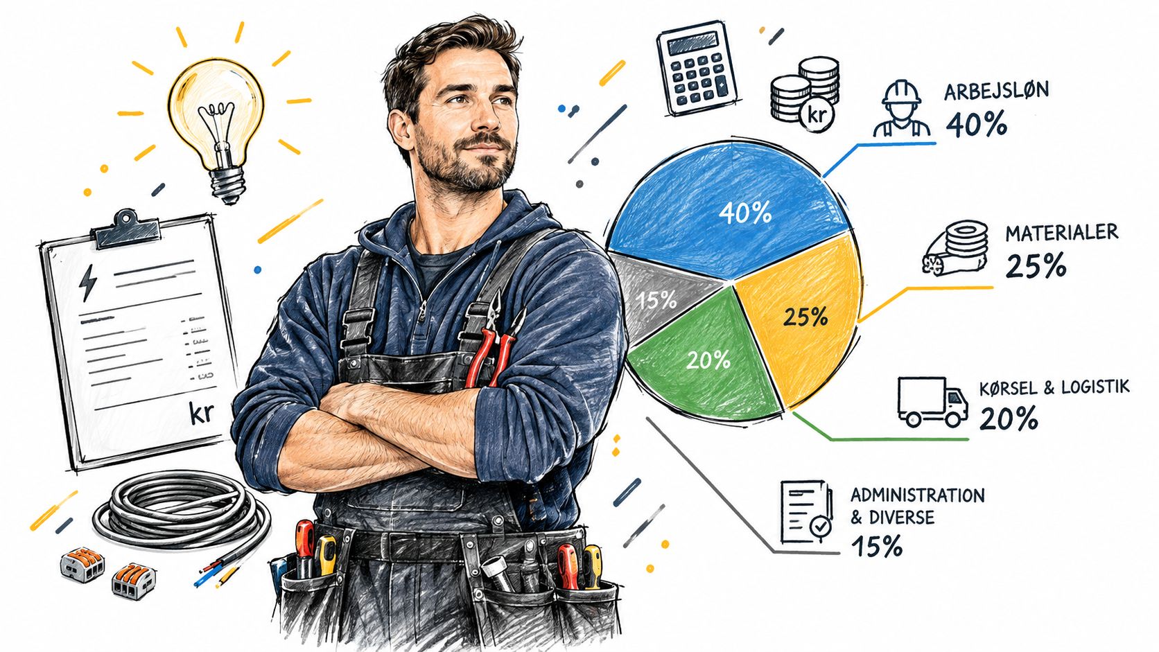 Illustration af en elektriker med cirkeldiagram der viser fordelingen af omkostninger ved et elektrikerarbejde.