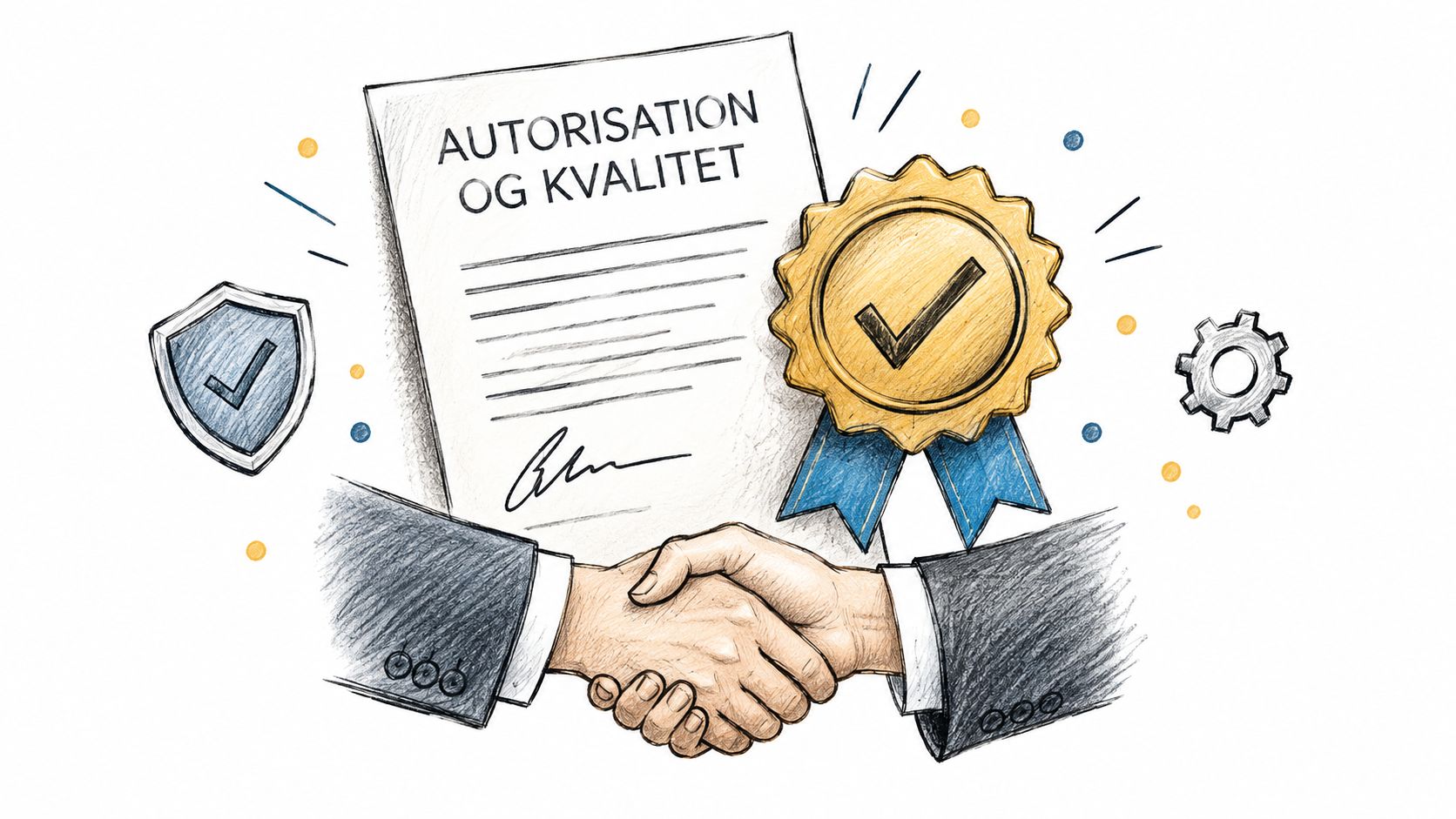En illustration af et håndtryk foran et certifikat med teksten Autorisation og Kvalitet med et kvalitetsstempel.