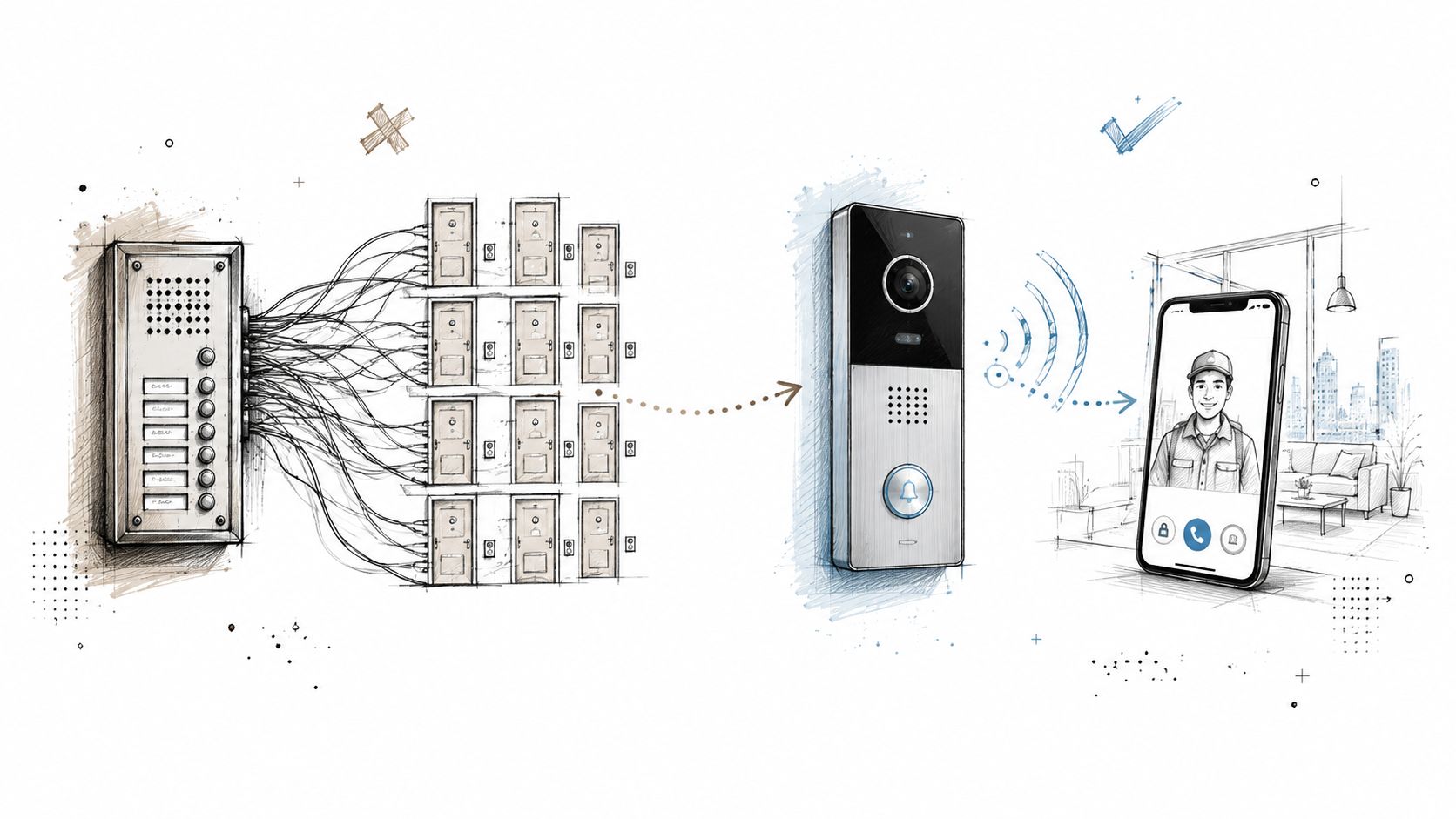 Illustration der viser overgangen fra et gammelt kablet dørtelefonsystem til en moderne trådløs dørtelefon løsning.