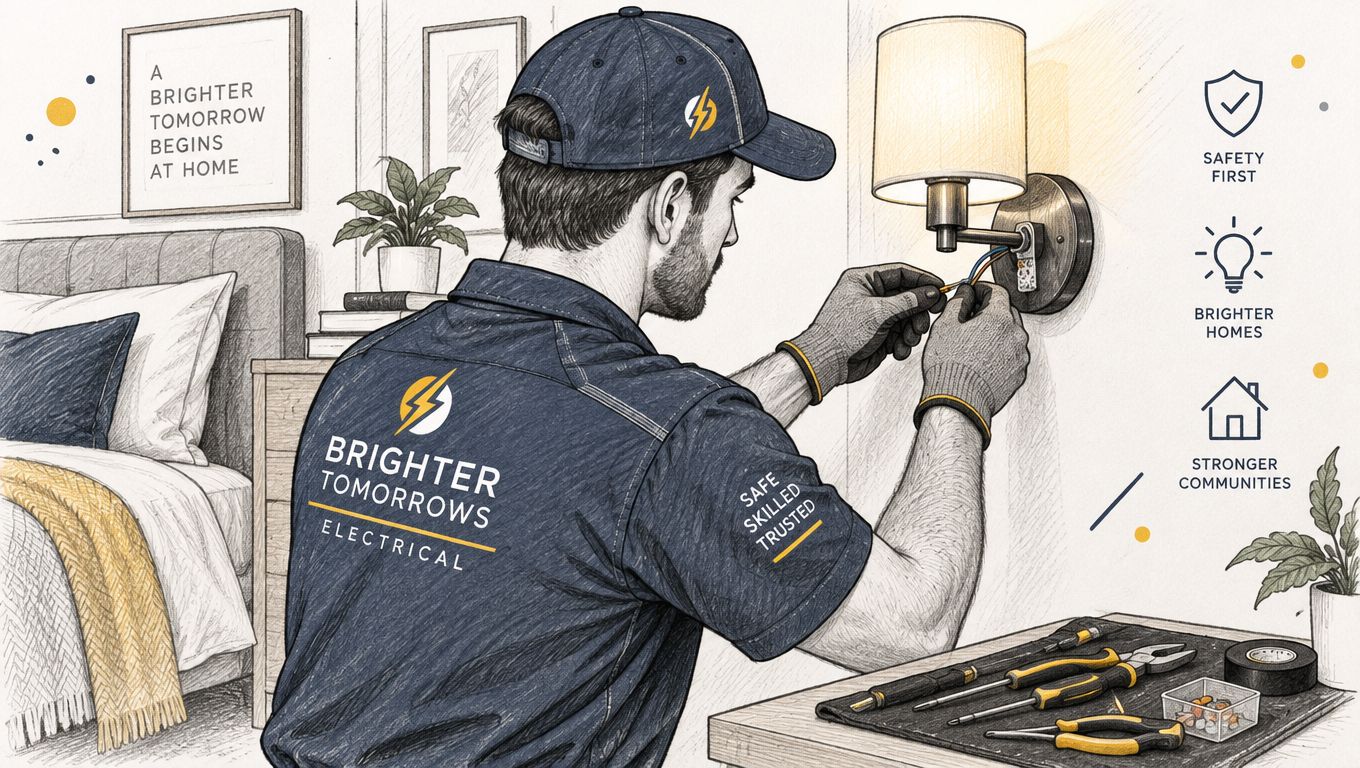 En autoriseret elektriker fra Fortify Electric installerer en fastmonteret natlampe sikkert på en væg.