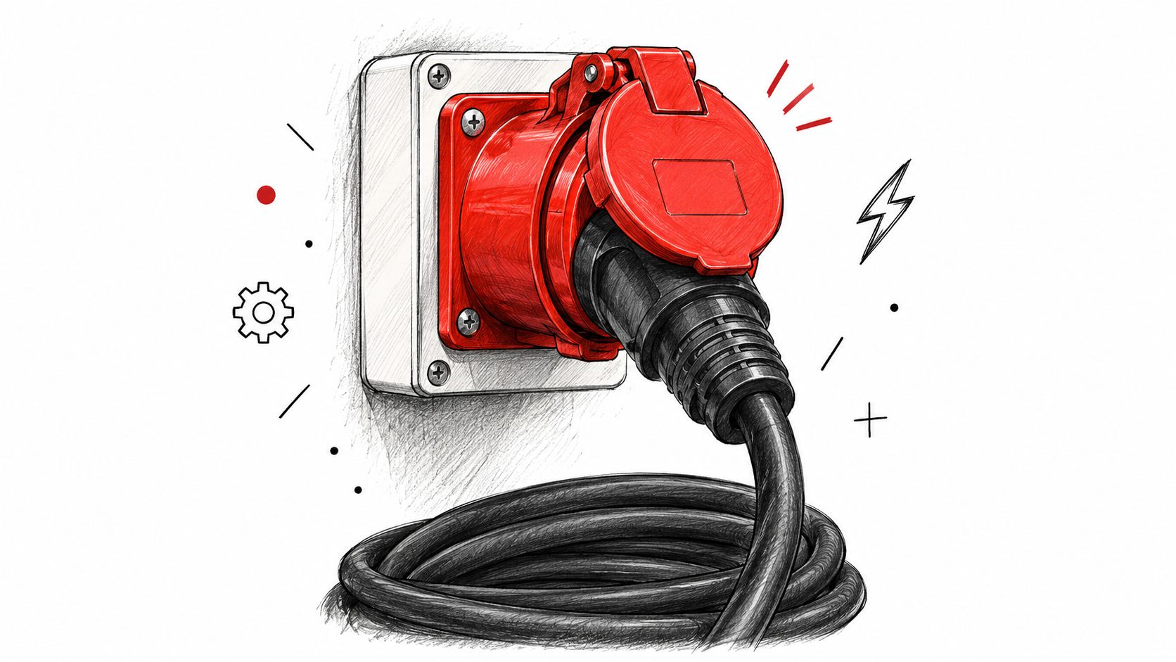 Håndtegnet skitse af et rødt CEE-kraftstik monteret på en væg, som illustrerer en 400v-strømkilde.