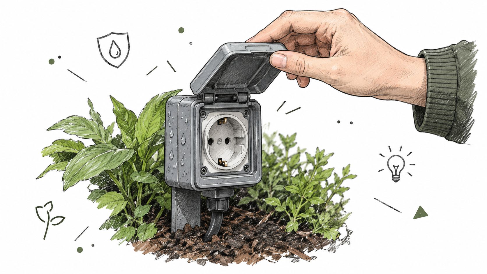 Håndtegnet illustration af en person der inspicerer en udendørs vandtæt stikkontakt i en have.