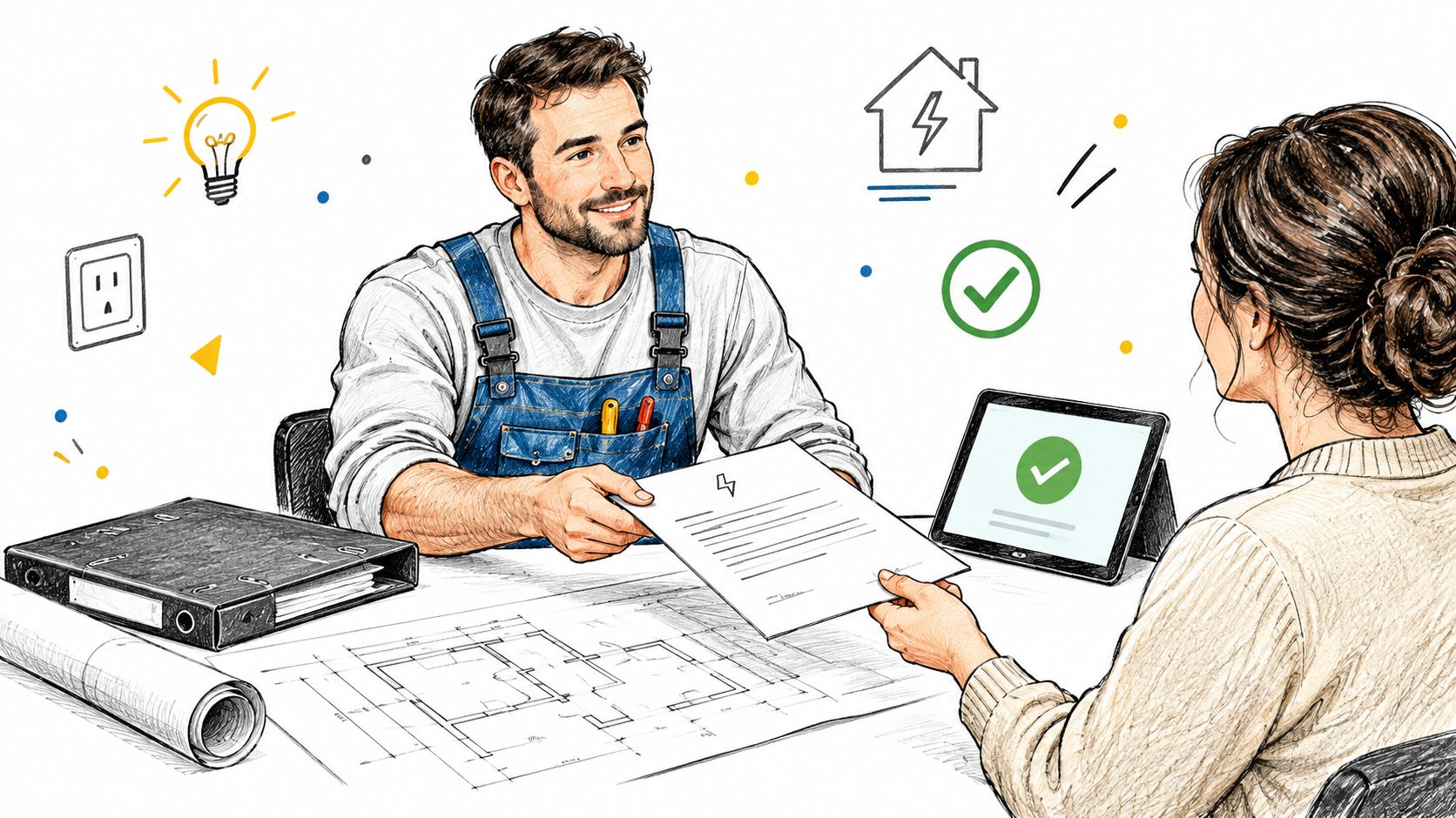 En skitse af en elektriker, der overleverer dokumentation til en kunde efter en vellykket installation.