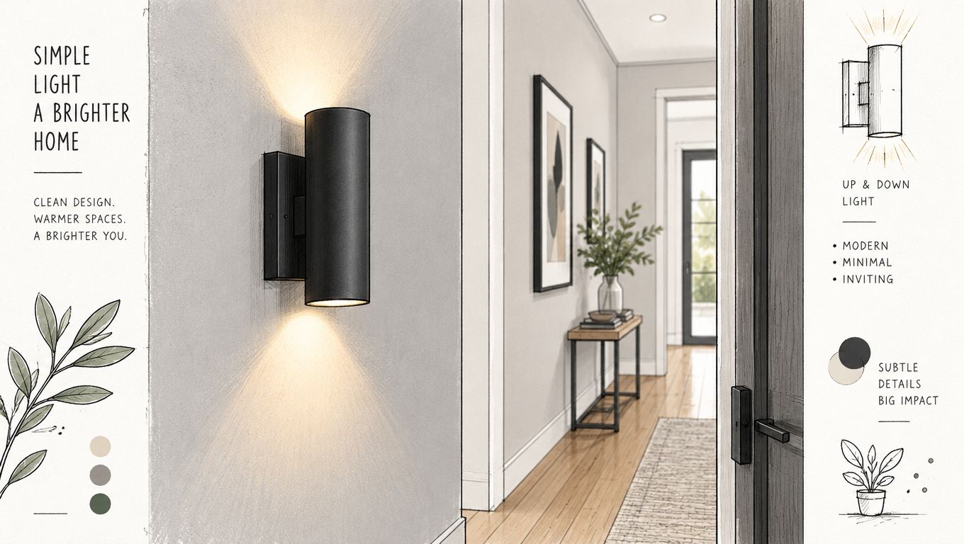 En håndtegnet illustration af en moderne sort væglampe, der lyser op i en stilfuld entré.