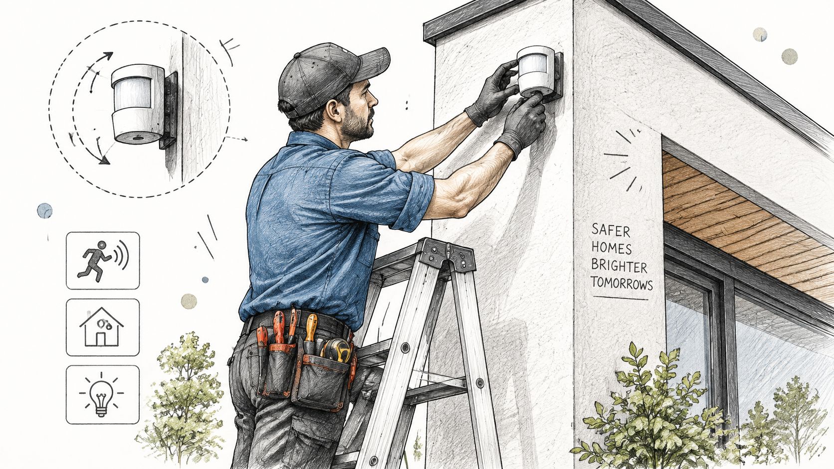 Illustration af en elektriker på stige der monterer og justerer en udendørs bevægelsessensor på et hushjørne.