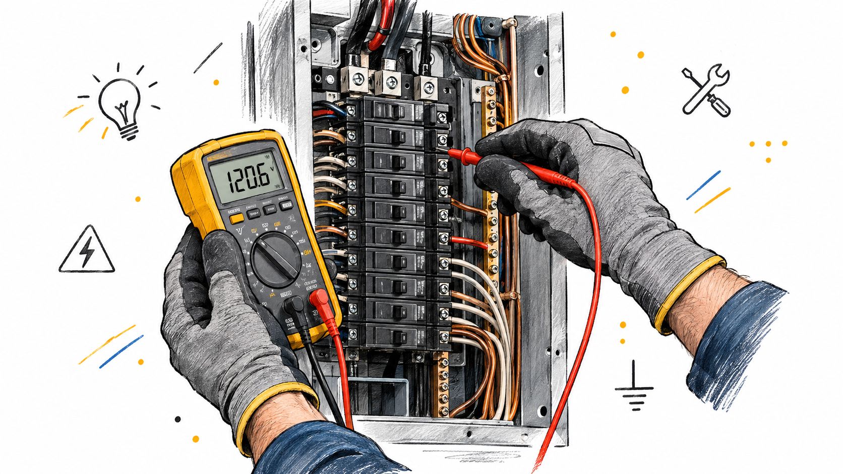 Håndtegnet skitse af en elektriker, der bruger et multimeter til at teste en el-tavle før installation af ladestander.