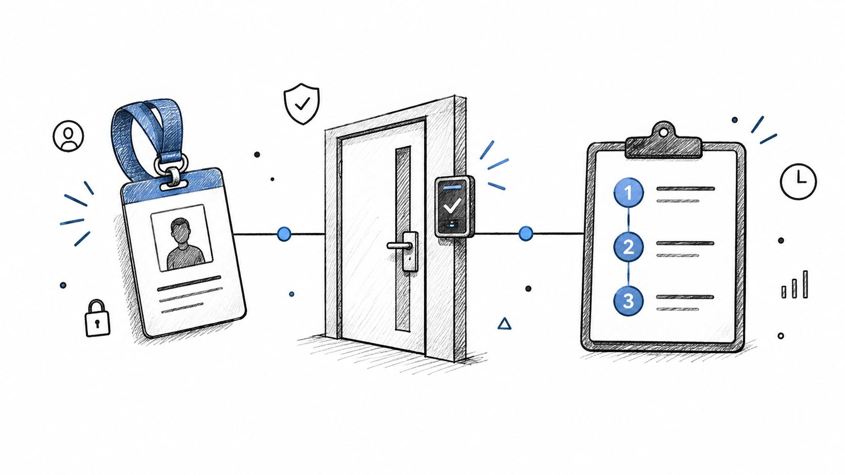 En illustration af en adgangskontrolproces, der viser et ID-kort, en dør med en scanner og en tjekliste.