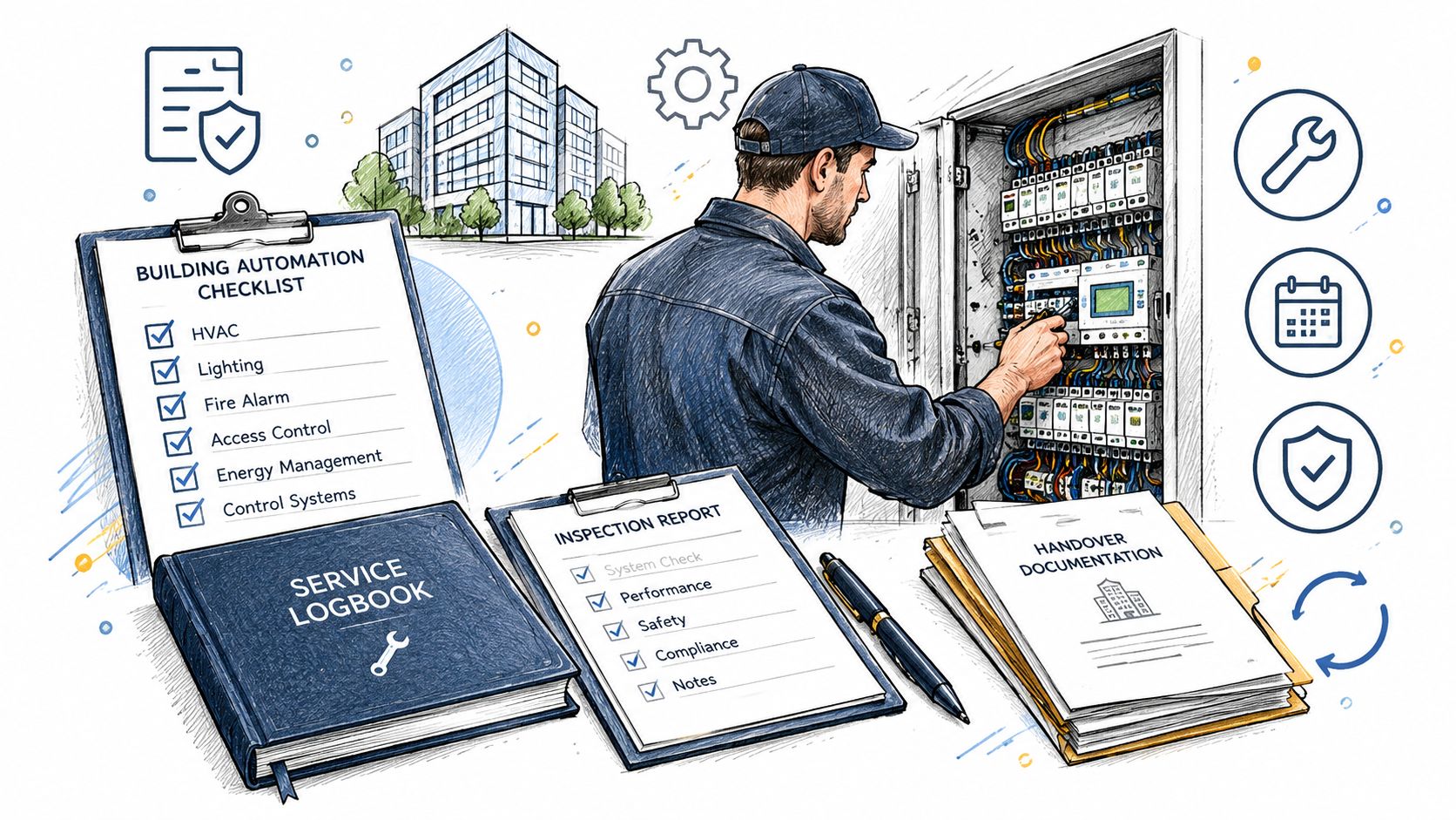 Tekniker inspicerer automatiseringsanlæg med tjeklister og dokumentation til styring af moderne bygningsinstallationer og systemer.