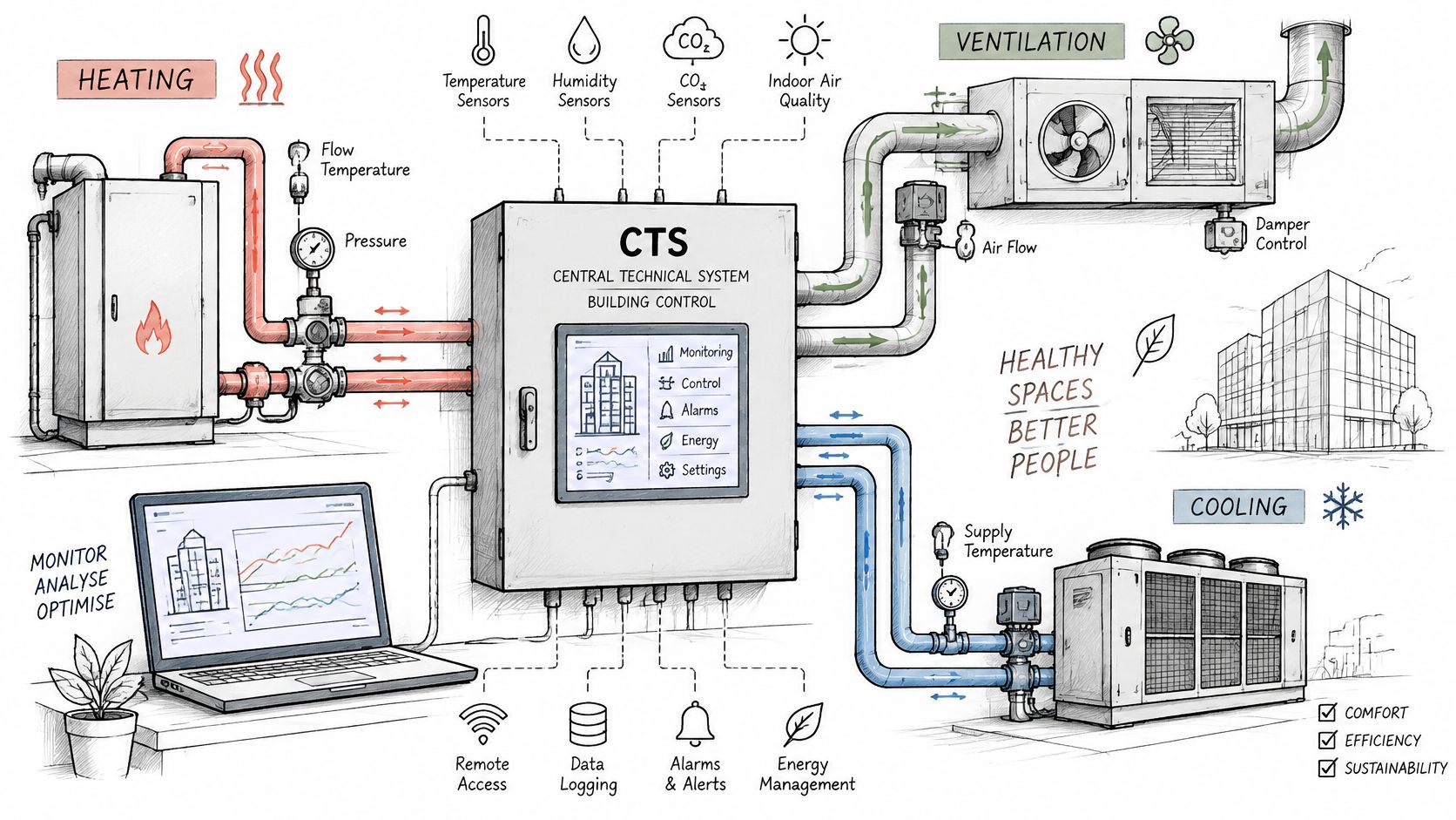 En illustration der viser et centralt teknisk system, CTS, til styring af varme, ventilation og køling i bygninger.